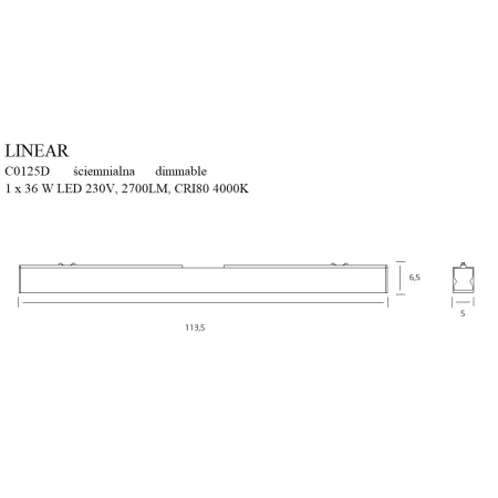 Liniowa, ściemnialna listwa LED 113,5cm MX C0125D z serii LINEAR - wymiary