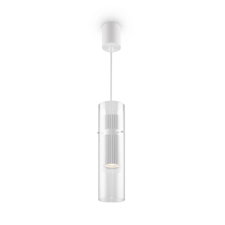 Biała, smukła lampa wisząca z kloszem tubą MOD326PL-01W z serii DYNAMICS