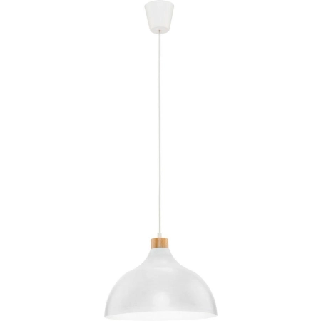Biała, klasyczna lampa wisząca z elementem drewna TK 2070 z serii CAP